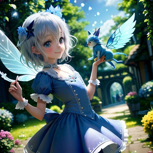 a girl in a blue dress holding a blue bird in her hand and a blue bird in her hand