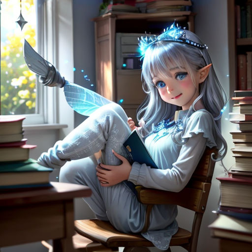 a girl sitting in a chair with a book in her lap and a fairy wand in her hand, reading a book