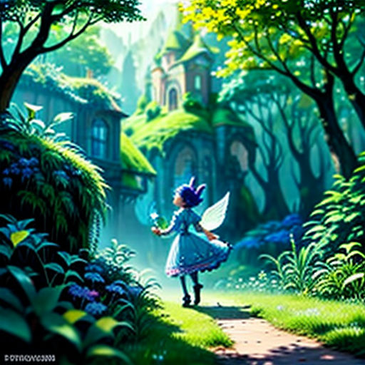 a little girl in a blue dress is walking through a forest with a fairy tale in the background and a house in the distance