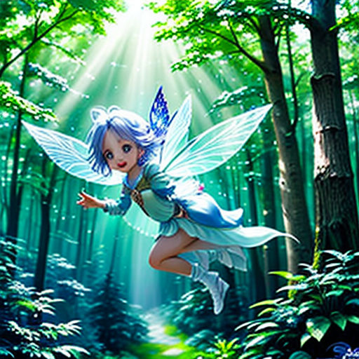a fairy flying through a forest with a light shining on her face and wings above her head, with a path leading to the forest