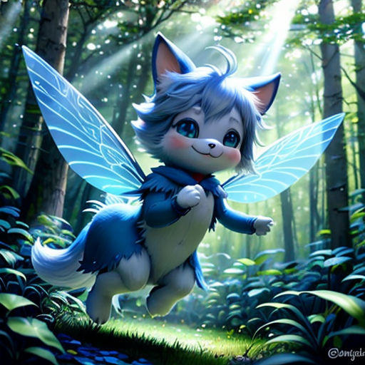 a cute little fairy cat flying through the forest with a light shining on her face and wings on her back
