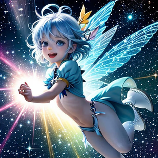 a fairy with a star in her hand and a light shining behind her, on a background of stars