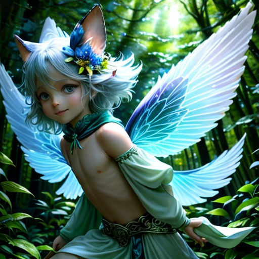 a fairy with a cat on her back in the woods with wings and a flower in her hair, sitting on a log