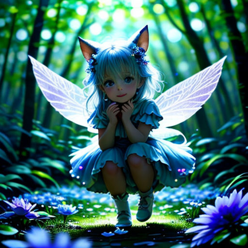 a fairy with a blue dress and a cat ears sitting on a flowery field in the woods with blue flowers