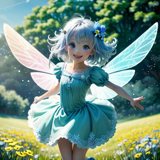 a little girl dressed in a green dress and flower crown is walking through a field of flowers with a butterfly in her hand