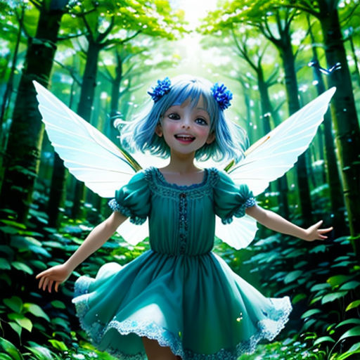 a little girl dressed in a green fairy costume standing in the woods with her arms out and smiling at the camera