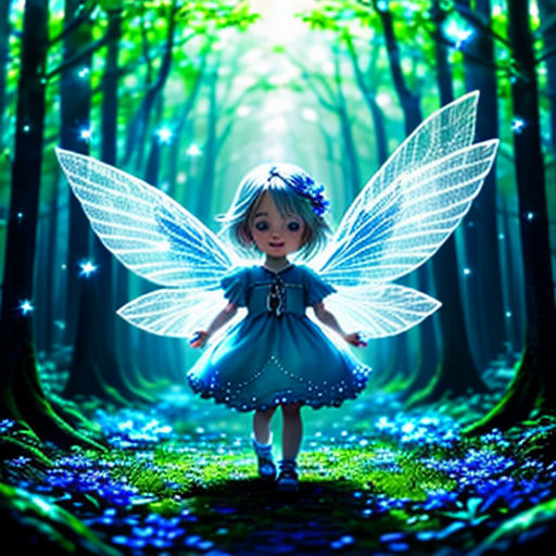 a little girl dressed in a blue dress standing in the woods with a fairy wings on her head and a blue dress on her body