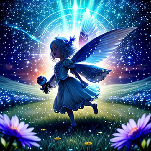 a fairy with a flower in her hand and a star in the sky above her head, is holding a teddy bear