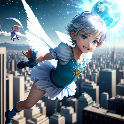 a girl flying through the air with a city in the background and a fairy on top of a building