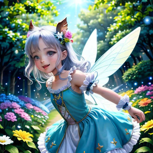 a fairy with a flower in her hair and a blue dress in a garden with flowers and butterflies, and a fairy with a flower in her hand