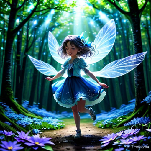 a little girl dressed in a fairy costume is walking through a forest with purple flowers and a fairy wings