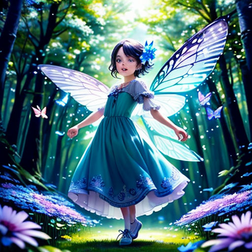 a little girl dressed in a blue dress and butterfly wings standing in a forest with flowers and butterflies around her