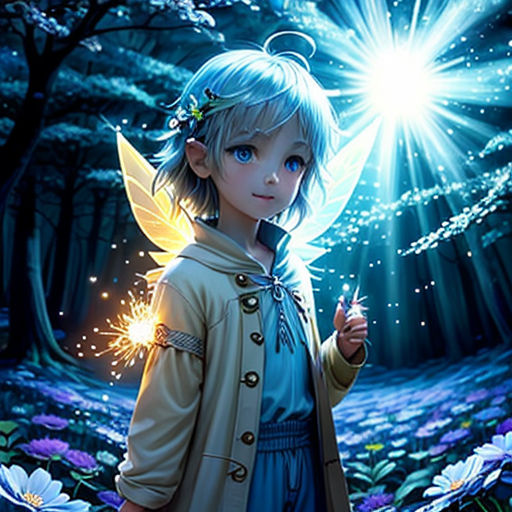 a girl in a blue dress holding a sparkler in her hand in a forest with flowers and trees