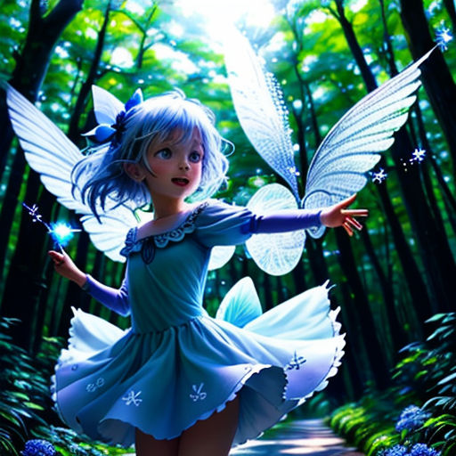 a fairy girl in a forest with a blue dress and wings flying through the air with her arms outstretched