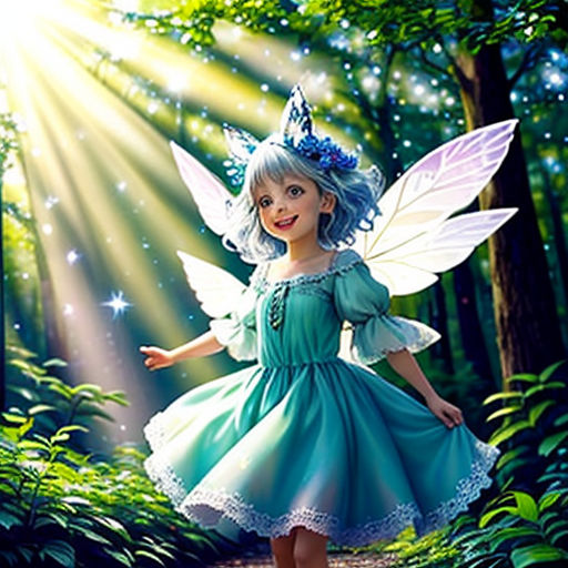 a little girl dressed in a fairy costume standing in the woods with a light shining through her wings and a blue dress