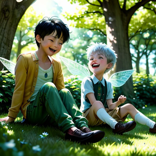 two children sitting on the grass with a fairy on their back and a fairy on their knees, smiling