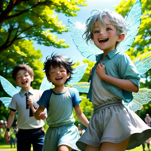 three children in green and blue uniforms are smiling and running in a park with trees and grass in the background