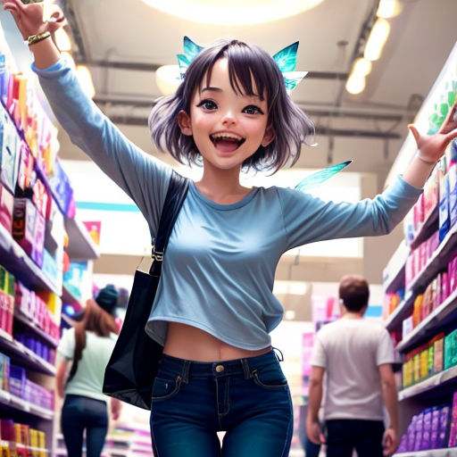 a woman with a cat ears and a blue shirt is standing in a store aisle with her arms up