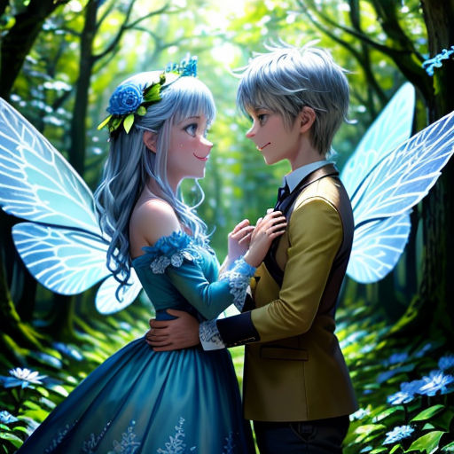 a couple dressed as fairy and a man in a forest with blue flowers and trees in the background, one of them is holding the other's hand