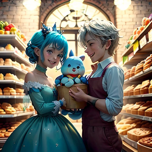 a couple of people standing next to each other in front of a shelf of donuts and pastries