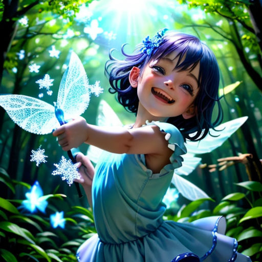 a little girl dressed in a blue dress holding a butterfly in a forest with green leaves and sunlight shining through the trees