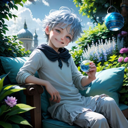 a boy sitting on a chair holding a bowl of food in his hand and a blue ornament hanging from the ceiling