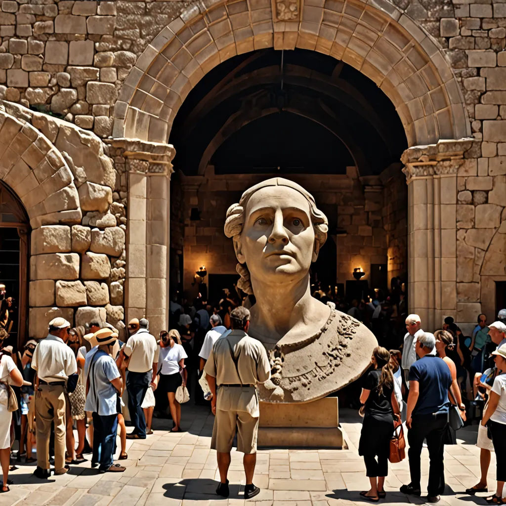 a group of people standing around a statue of a man in a hat and a building with a stone archway, romanesque, a marble sculpture, Bernard Meninsky, art noveau
