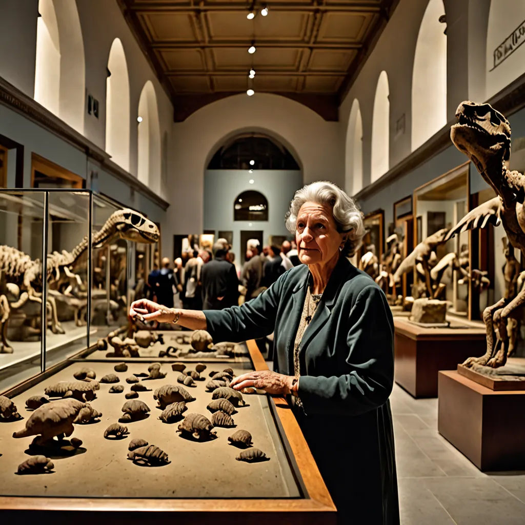 a woman is standing in front of a display of dinosaurs and other things in a museum setting with people looking at them, academic art, a tilt shift photo, Anita Malfatti, award-winning photograph