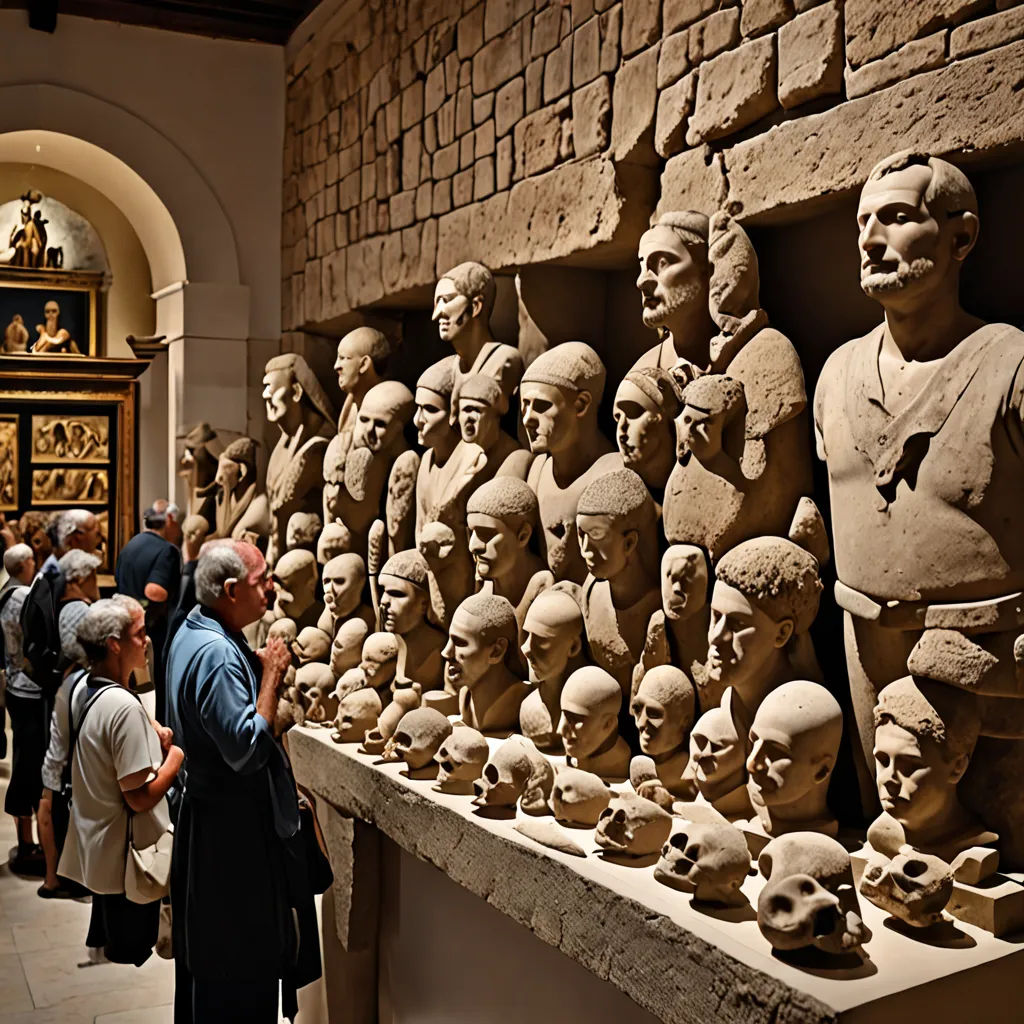 a group of people looking at a display of clay heads and heads of people in a museum setting with a stone wall, arte povera, egyptian art, Damien Hirst, grotesque
