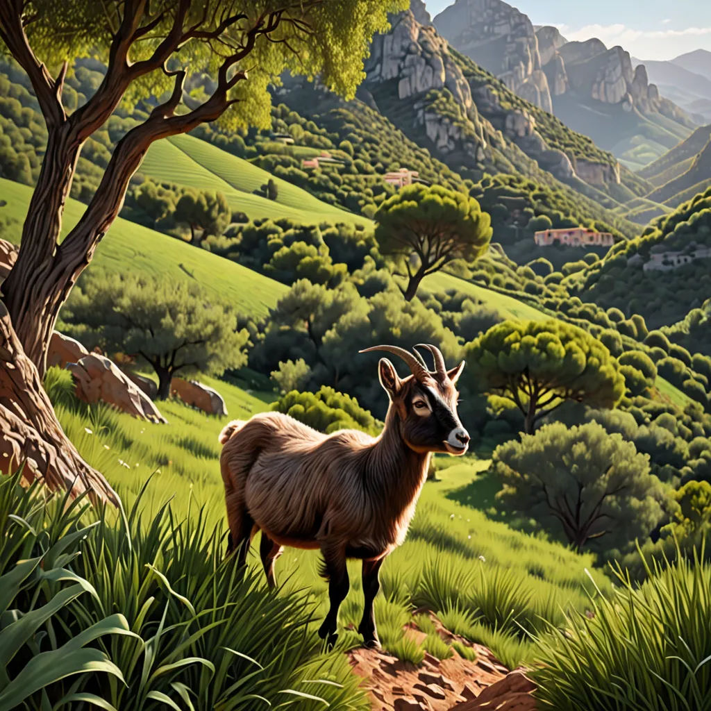 a goat standing on a lush green hillside next to a tree and a hill covered in trees and grass, photorealism, a detailed matte painting, Chris LaBrooy, highly detailed digital painting