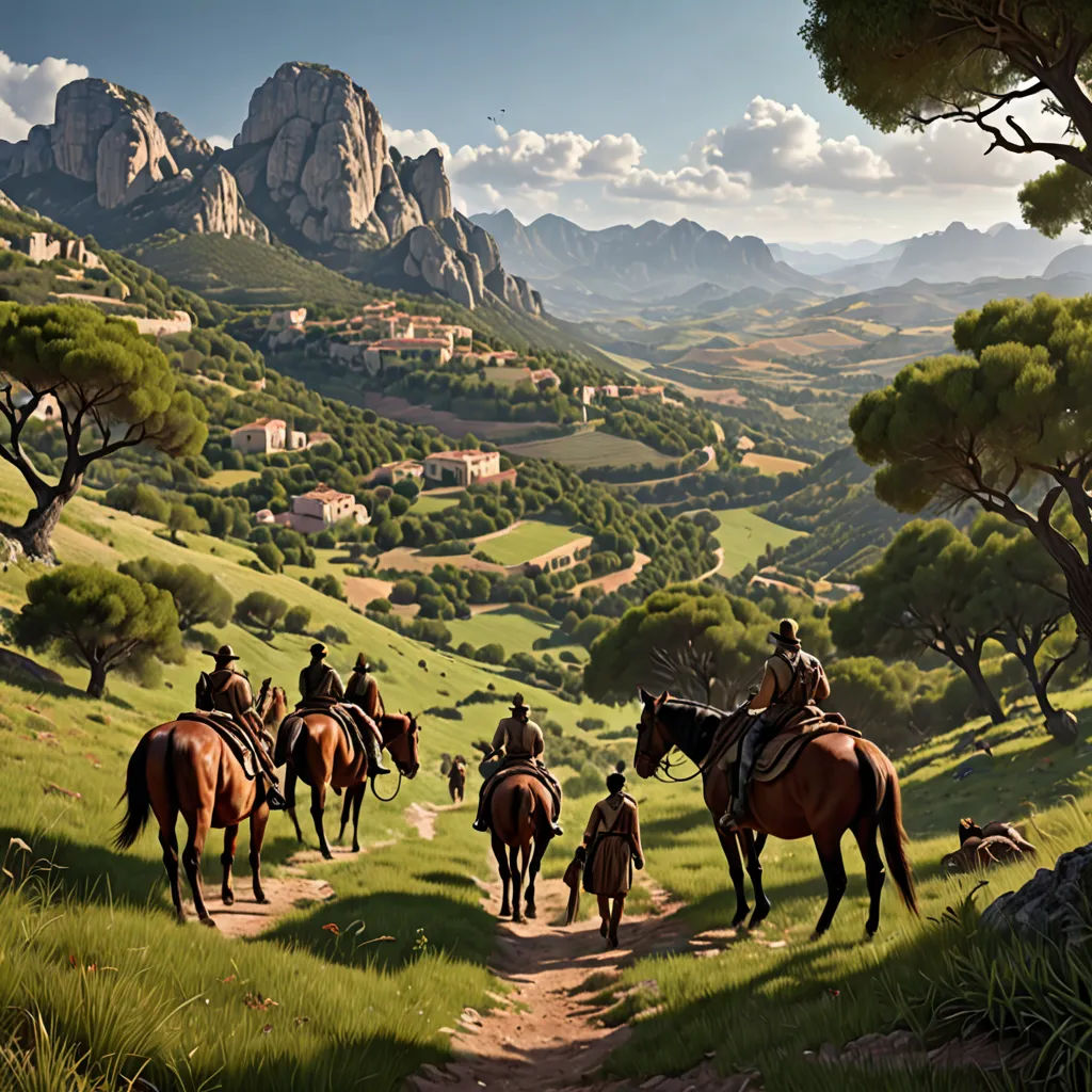 a painting of a group of people riding horses on a path through a valley with mountains in the background, fantasy art, a detailed matte painting, Christophe Vacher, cinematic matte painting