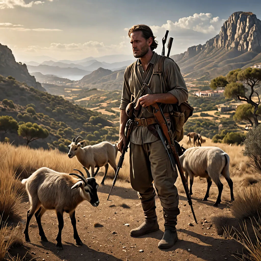 a man with a rifle and a rifle standing next to a herd of sheep on a hill side with mountains in the background, primitivism, a detailed matte painting, Colin Middleton, cinematic photography