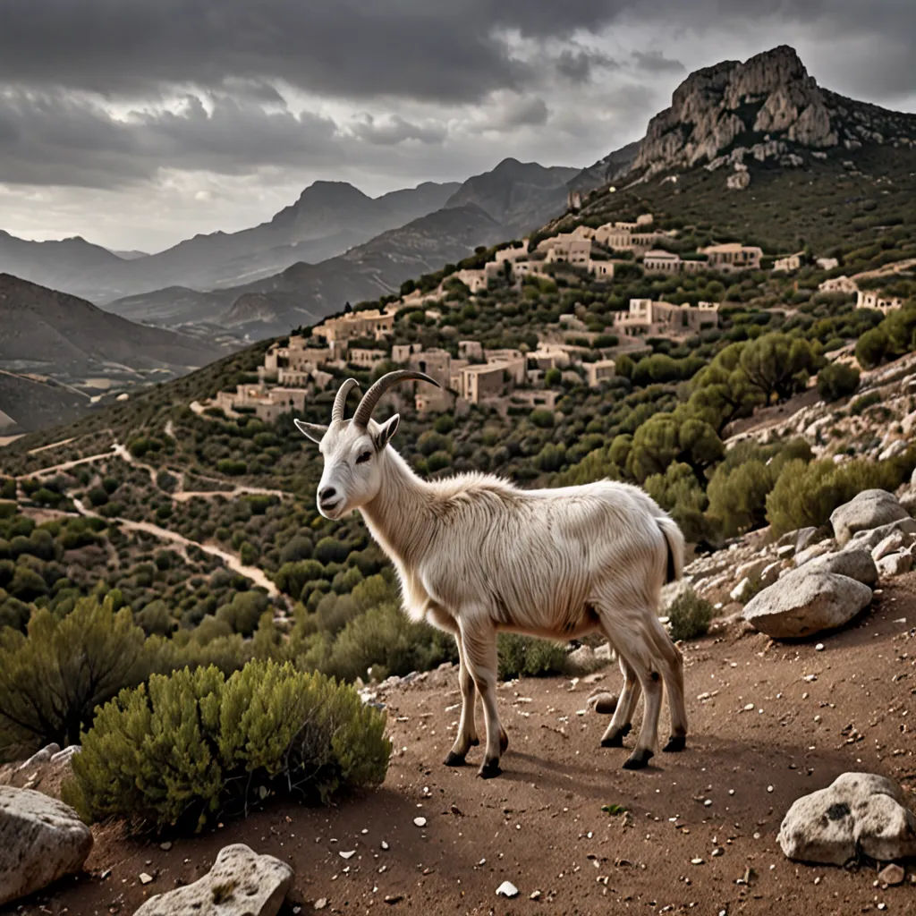 a goat standing on a dirt road in the mountains with a village in the background and a cloudy sky, art photography, a character portrait, Arie Smit, award - winning photography