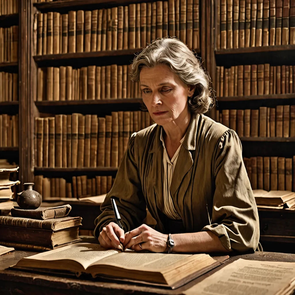 a woman sitting at a table with a book and pen in her hand and a book on the table, arts and crafts movement, a flemish Baroque, Celia Fiennes, promotional image