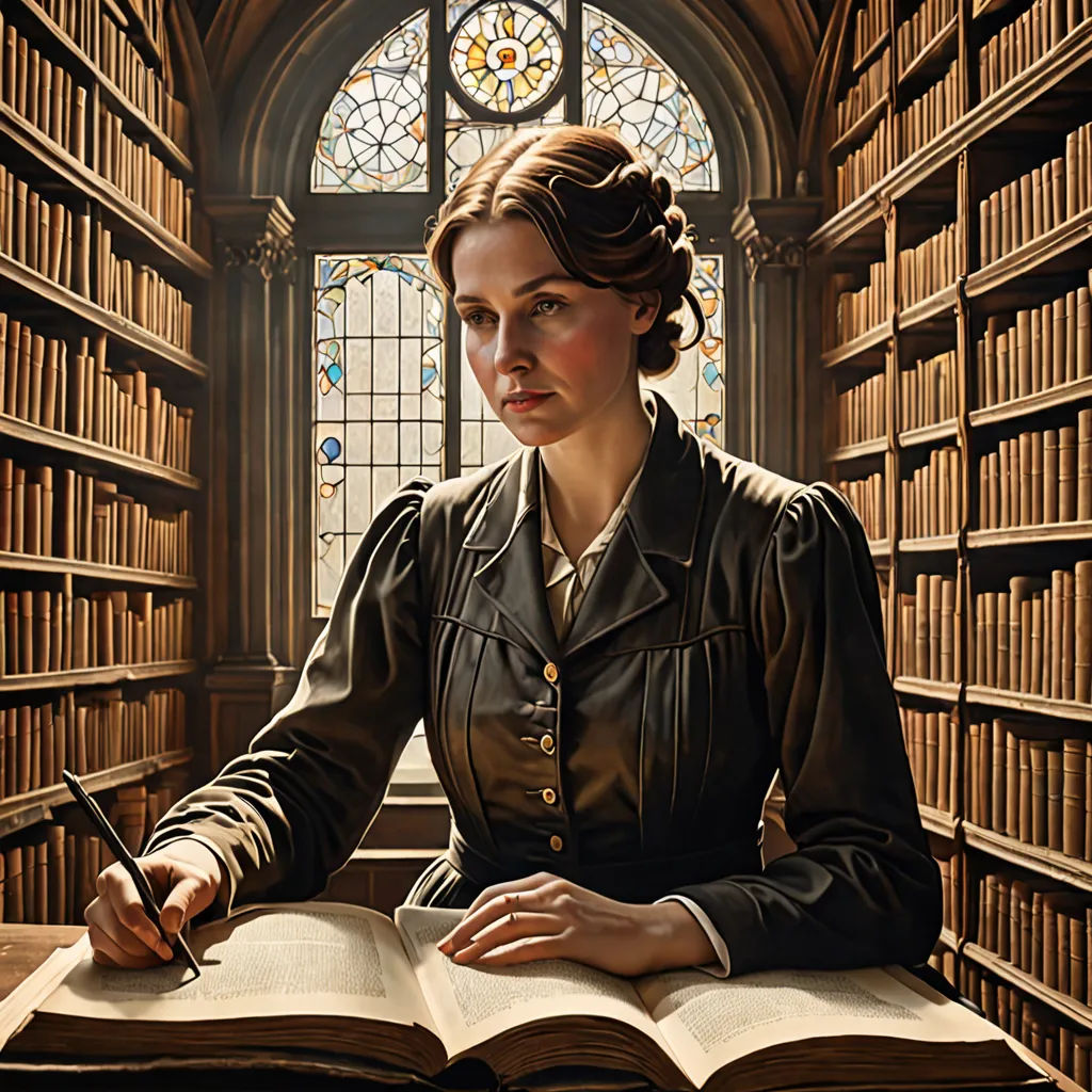 a woman sitting at a table in a library with a book open and a pen in her hand and a stained glass window behind her, pre-raphaelitism, a detailed matte painting, Constance Gordon-Cumming, promotional image