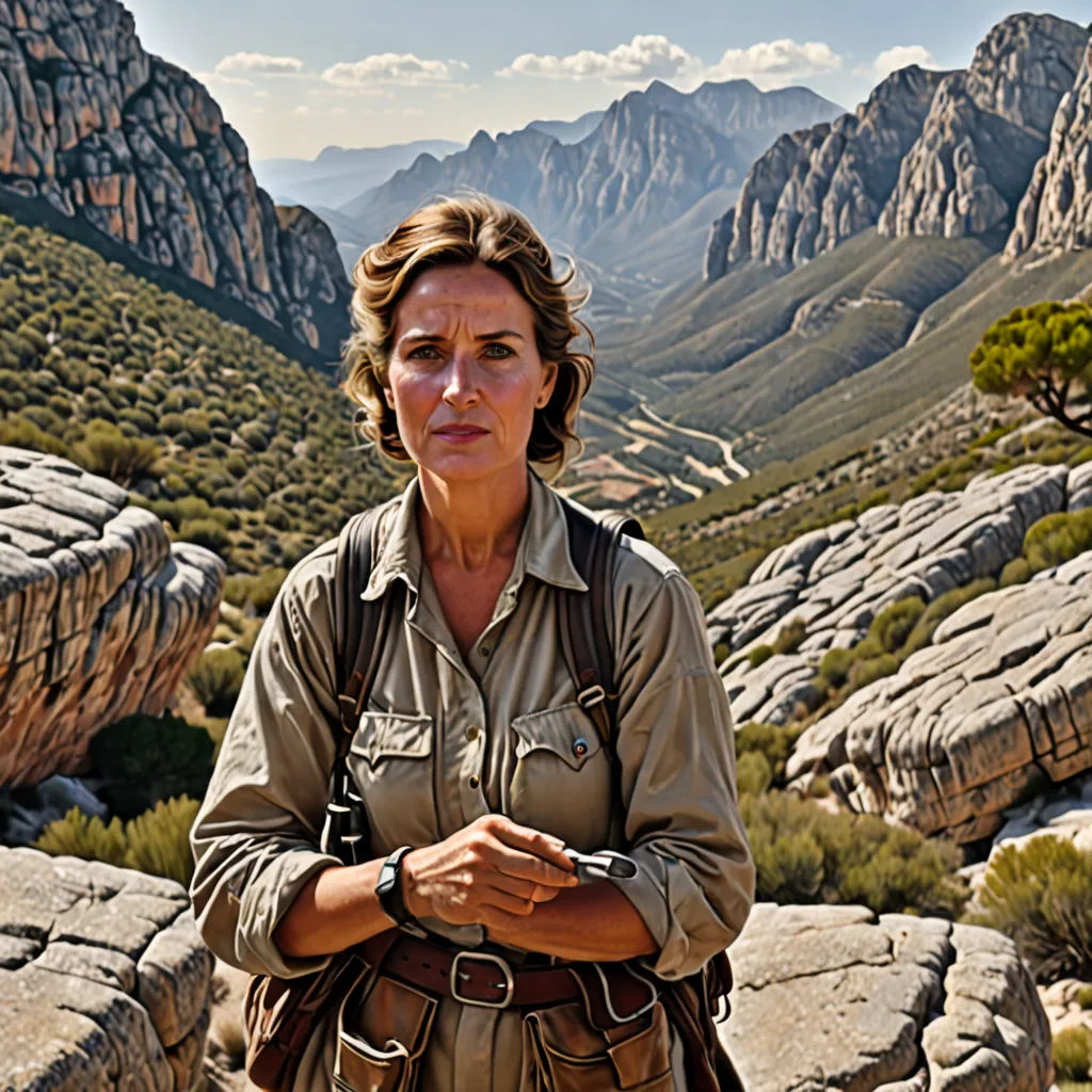 a woman standing on a mountain with her arms crossed and looking at the camera with mountains in the background, environmental art, a character portrait, Eva Gonzalès, promotional image