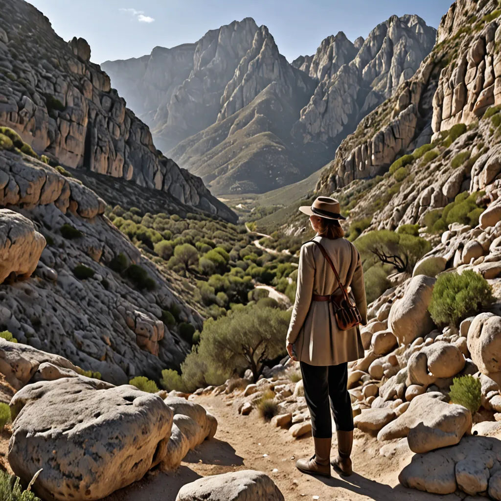 a man in a hat and coat walking up a trail in the mountains with rocks and bushes on either side, land art, a matte painting, Ada Hill Walker, promotional image