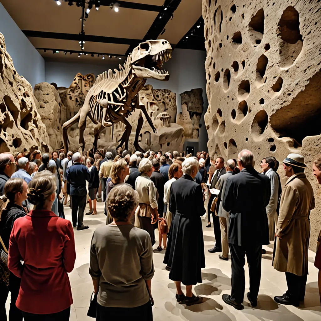 a group of people standing around a museum looking at a dinosaur skeleton in a museum exhibit with a crowd of people looking at it, arbeitsrat für kunst, a digital rendering, Cornelia Parker, contemporary art