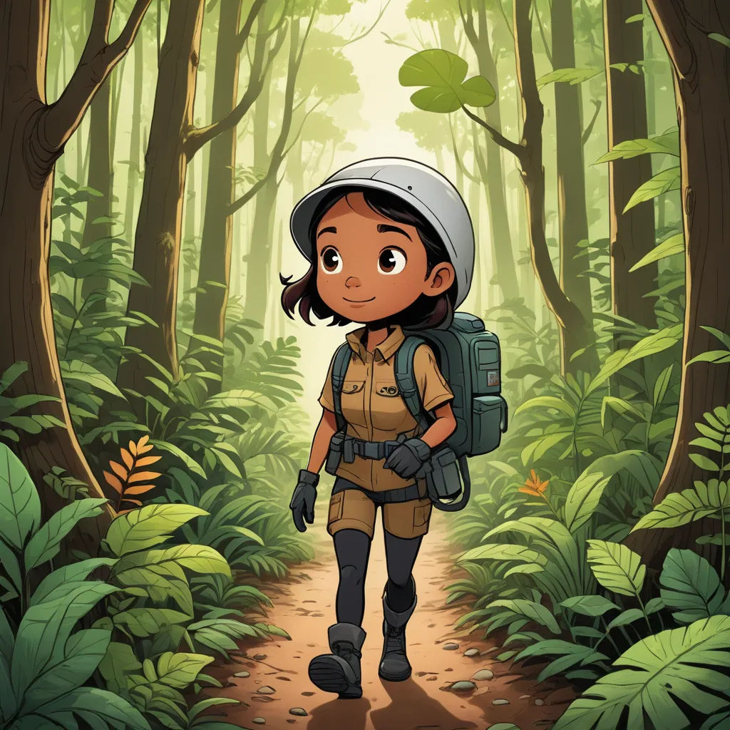 a cartoon girl with a backpack walking through a forest with ferns and trees on the ground and a trail in the background, serial art, a character portrait, Cliff Childs, jungle