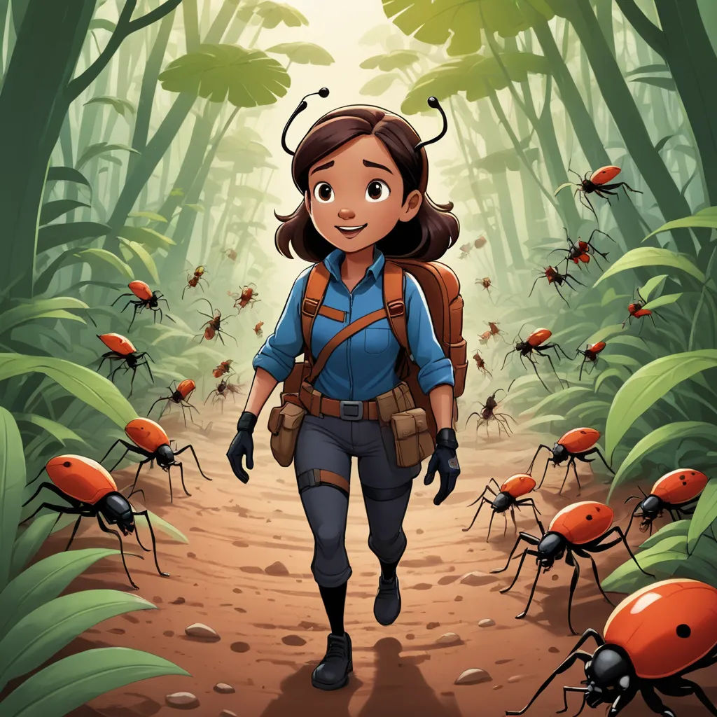 a girl walking through a forest with many bugs on her back and a backpack on her shoulder, with a lot of ladybugs in the background, lyco art, a storybook illustration, Atey Ghailan, comic cover art