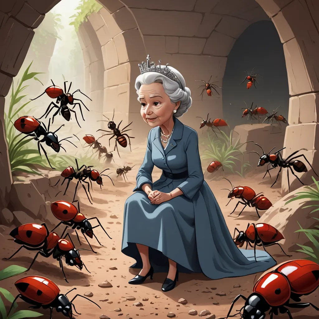 a cartoon of a queen sitting in a tunnel surrounded by bugs and ants, with a stone archway in the background, sots art, a storybook illustration, Dorothy Burroughes, 2 d game art