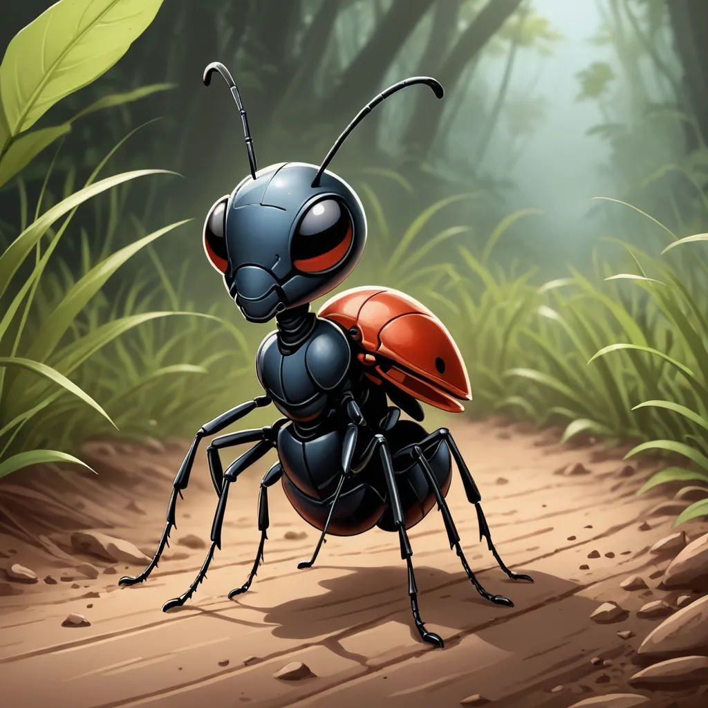 a bug with a red face standing on a dirt road in a forest with tall grass and trees behind it, antipodeans, a character portrait, Craola, 2 d game art