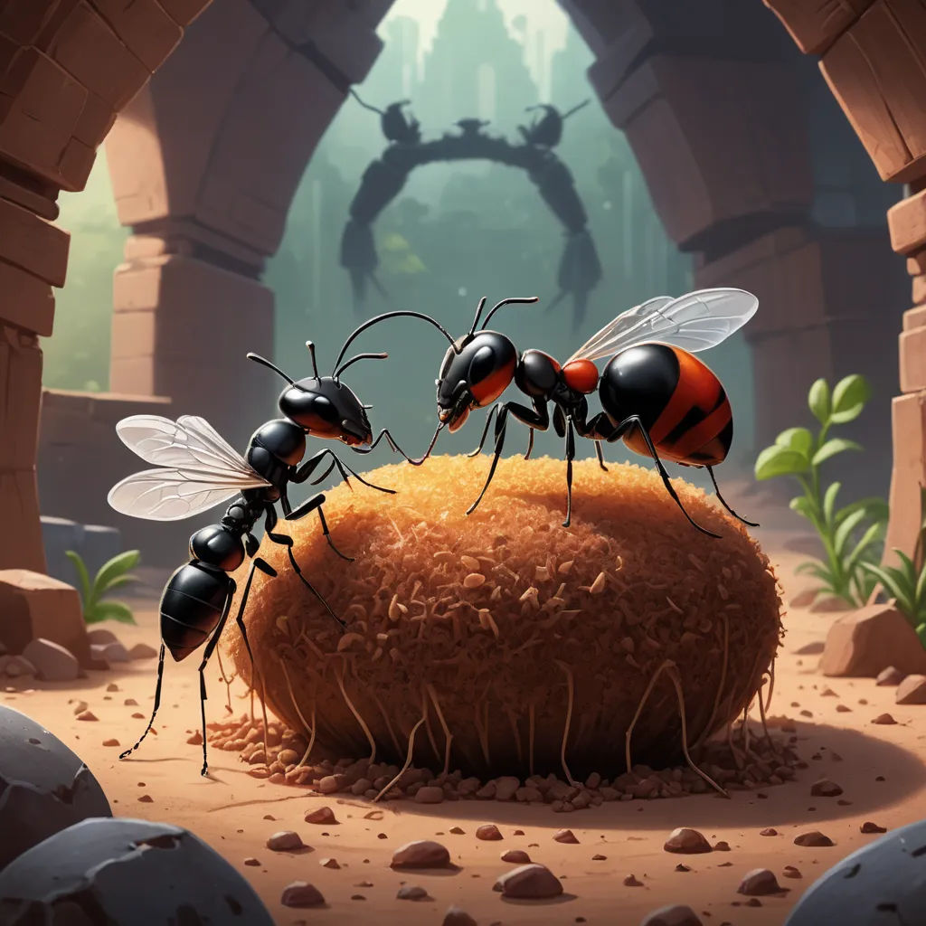 a group of ants standing on top of a pile of dirt next to a tunnel with a doorway in the background, fantasy art, a storybook illustration, Chris LaBrooy, 2 d game art