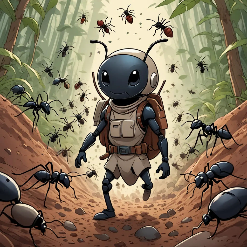 a cartoon of a bug with a backpack on walking through a forest of ants with a backpack on his back, neo-primitivism, a storybook illustration, Asaf Hanuka, 2 d game art