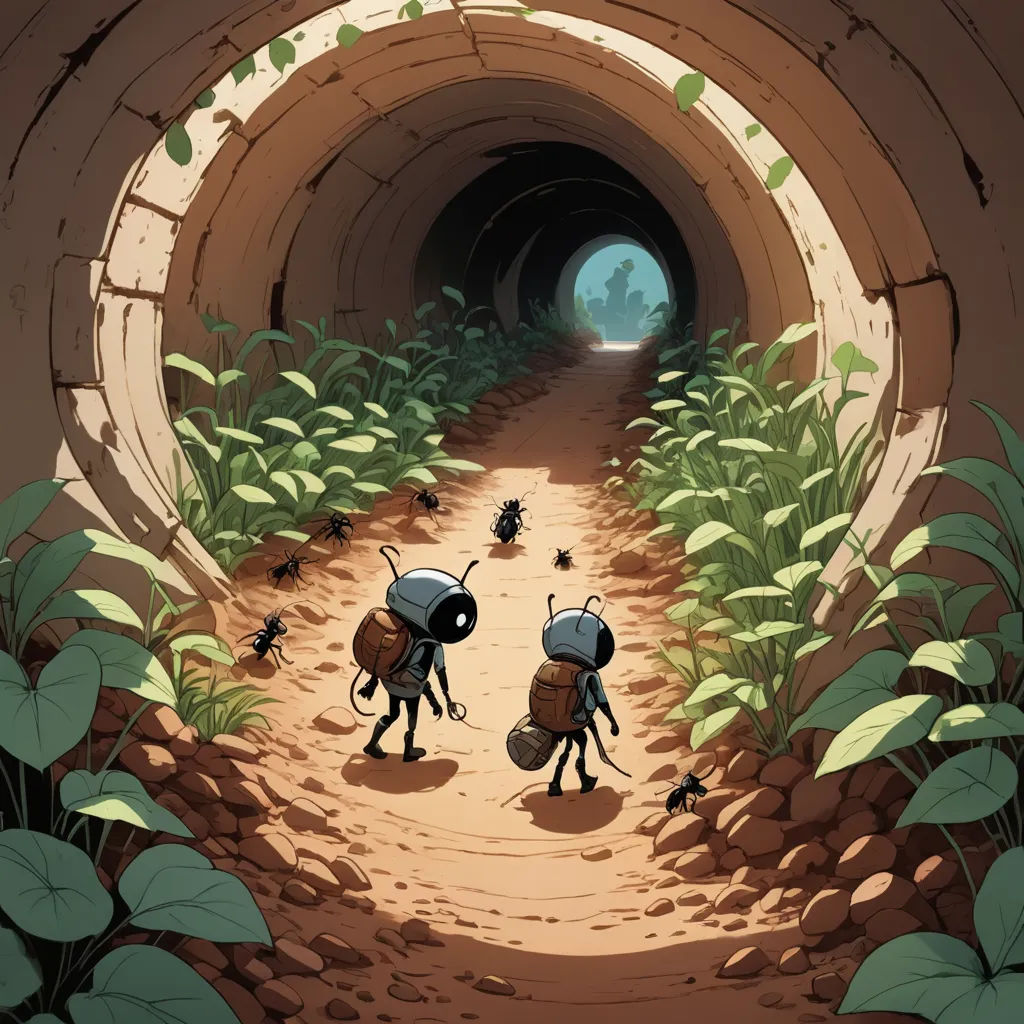 a cartoon scene of two bugs walking through a tunnel with plants and leaves on the ground and a man in the distance, environmental art, a storybook illustration, Asaf Hanuka, rossdraws global illumination