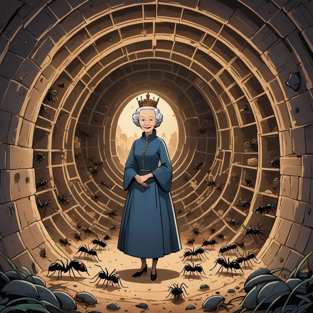 a cartoon of a woman in a blue dress standing in a tunnel with bugs crawling around her and a man in a suit standing in front of the tunnel, underground comix, a storybook illustration, Colin Middleton, storybook illustration
