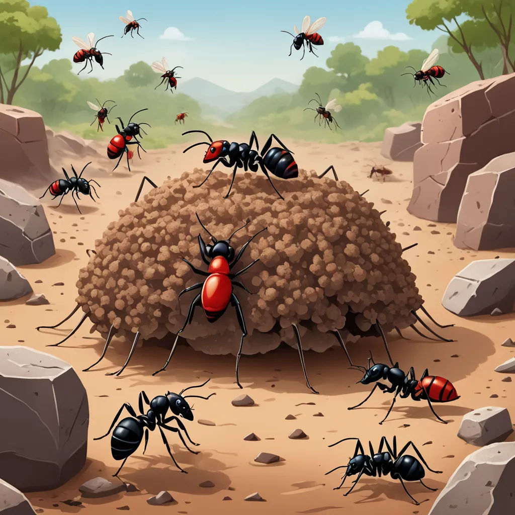 a group of ants are standing in the dirt near a pile of dirt and rocks with a few ants on it, antipodeans, an illustration of, Andrew Robertson, furaffinity
