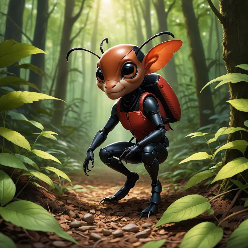 a cartoon character in a forest with a backpack on his back and a bug on his back, with leaves surrounding him, fantastic realism, a 3D render, Chris LaBrooy, promotional image