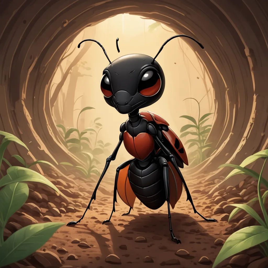 a cartoon ant bug in a cave with a light at the end of it's tunnel, with leaves around it, pop surrealism, a storybook illustration, Craola, highly detailed digital painting
