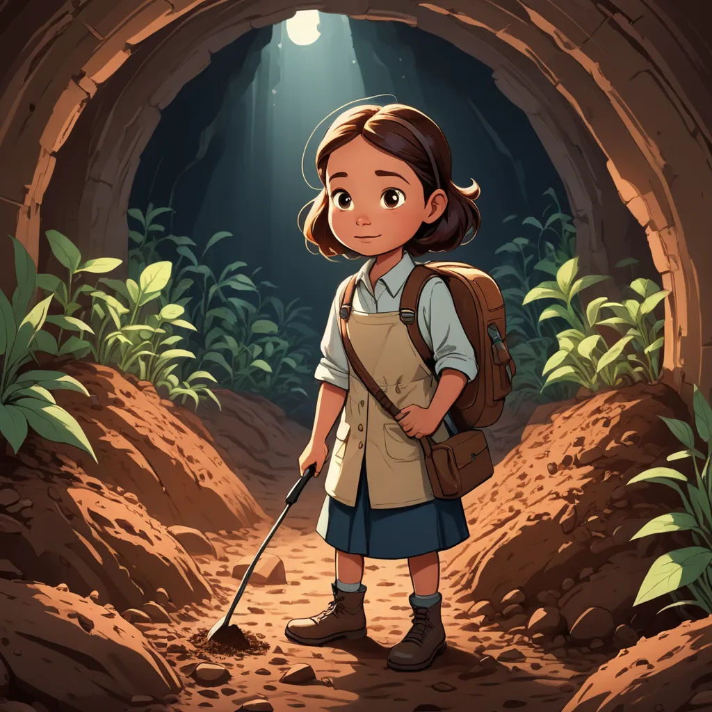 a girl with a backpack and a stick in a cave with a light shining down on her head and a flashlight in her hand, process art, a storybook illustration, Diego Gisbert Llorens, rossdraws global illumination
